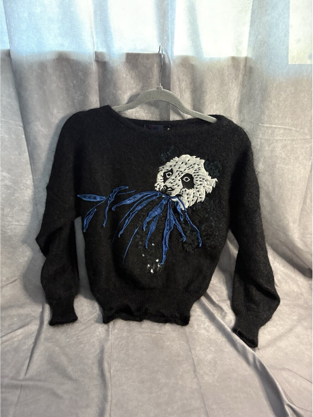 Vintage Escape Panda Sweater Black Blue Sequin Knit Women’s Size M